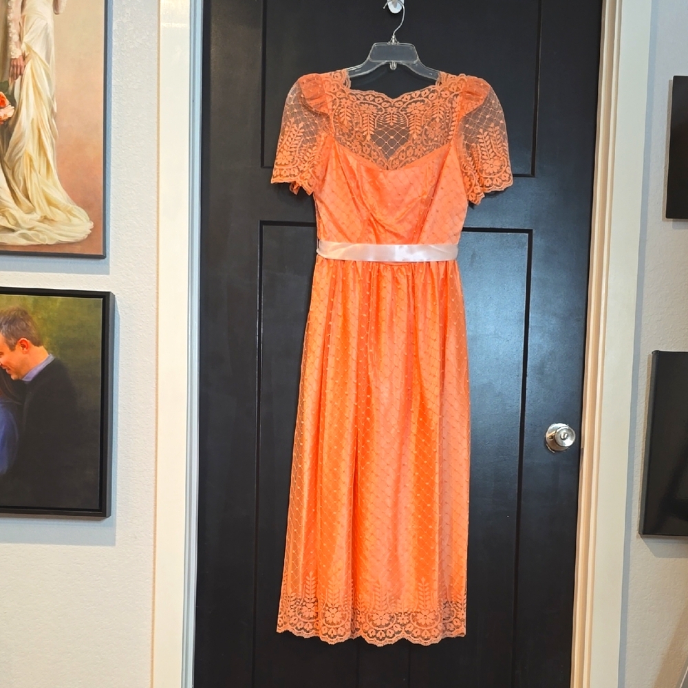 Elegant Vintage Aoricot Lace and Satin Dress